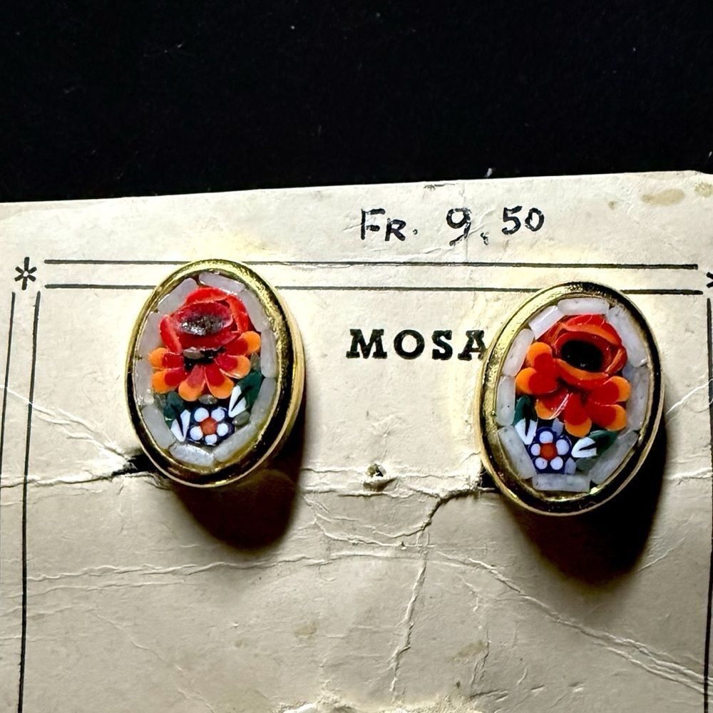 Vintage Italian Floral Micro Mosaic Earrings & Brooch Set on Card - Picture 4 of 11